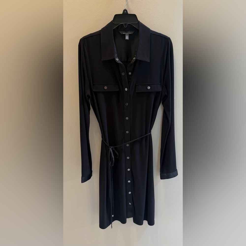 WHBM Black Long-Sleeve Shirt Dress with Tie Waist